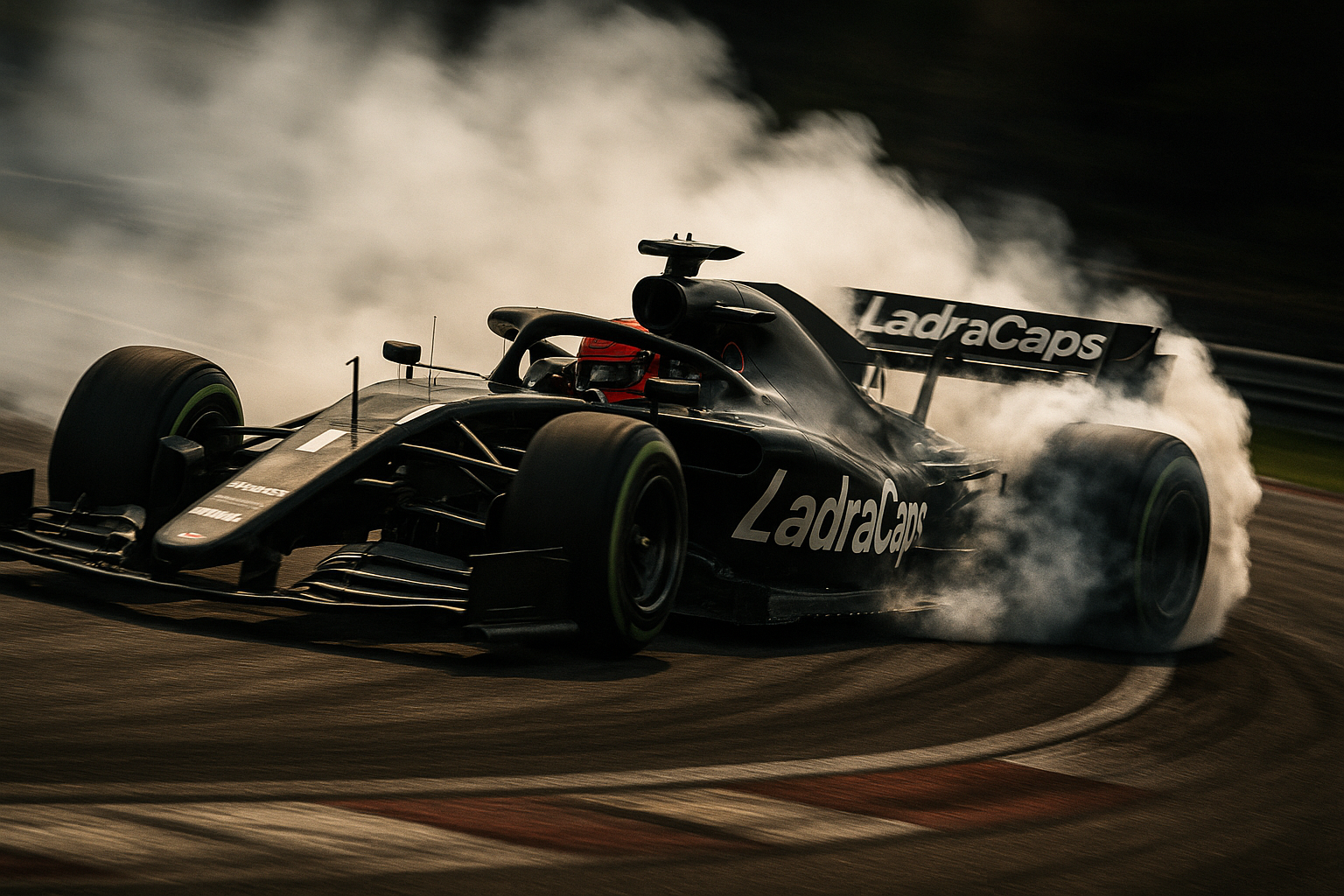 generar un carro de la f1 derrapando que diga la palabra "LadraCaps"