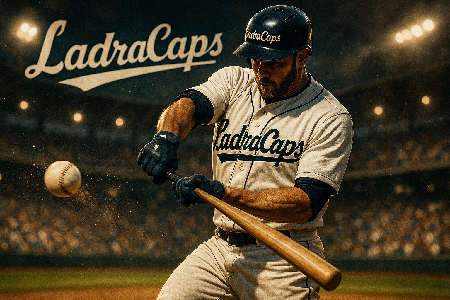 un bateador pegando a la pelota de baseball que diga la palabra "LadraCaps"