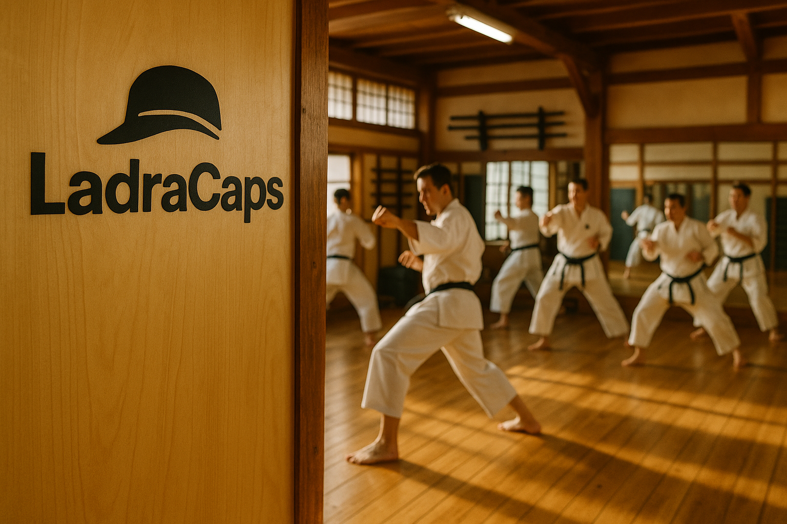 un dojo donde al fondo se vean karatekas entrenado el deporte y se vea la marca de "LadraCaps"